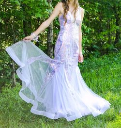 Camille La Vie Purple Size 2 Tall Height Plunge Prom Mermaid Dress on Queenly