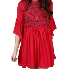 Umgee Red Size 8 Embroidery Bell Sleeves Casual Wedding Guest Cocktail Dress on Queenly
