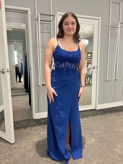Galia Lahav Blue Size 10 Padded Jersey Medium Height Sheer Floor Length Straight Dress on Queenly