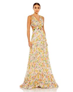 Mac Duggal Yellow Size 4 Pageant Floor Length Print A-line Dress on Queenly