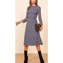 Style Moon Floral Reformation Blue Size 6 Moon Floral Long Sleeve Straight Dress on Queenly