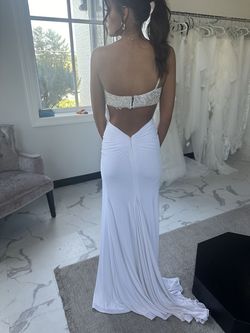 Jovani White Size 4 Jersey Prom Side Slit Medium Height Straight Dress on Queenly