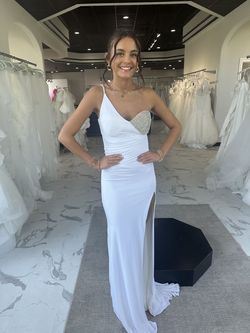 Jovani White Size 4 One Shoulder Wedding Jersey Medium Height Straight Dress on Queenly