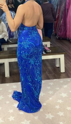 Ashley Lauren Blue Size 2 Embroidery 50 Off Tall Height Jewelled Halter Side slit Dress on Queenly