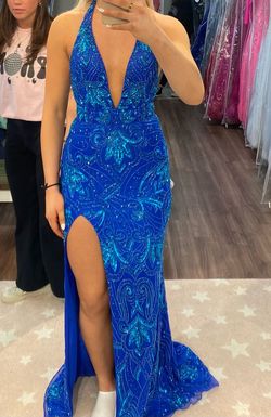Ashley Lauren Blue Size 2 Embroidery 50 Off Tall Height Jewelled Halter Side slit Dress on Queenly