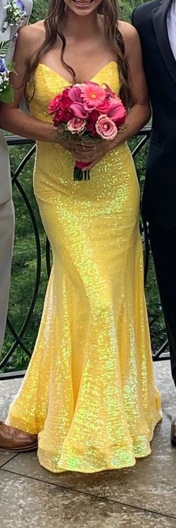 Style 04831 Jovani Yellow Size 0 Floor Length Sequined Prom Mermaid Dress on Queenly