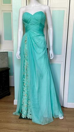 Style 19630 La Femme Light Green Size 8 Floor Length Wedding Guest Side Slit Jewelled A-line Dress on Queenly
