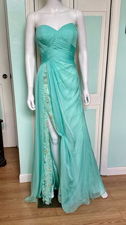Style 19630 La Femme Light Green Size 8 Floor Length Wedding Guest Side Slit Jewelled A-line Dress on Queenly
