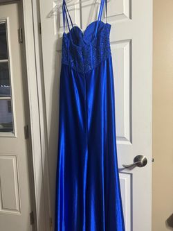 Style 24144 Stella Couture Royal Blue Size 10 Wedding Guest Plunge Side slit Dress on Queenly