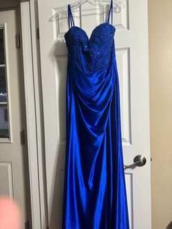 Style 24144 Stella Couture Blue Size 10 Plunge Free Shipping Tall Height 24144 Side slit Dress on Queenly