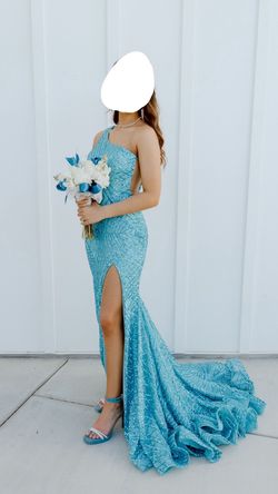 Jovani Blue Size 0 One Shoulder Floor Length Jersey Mermaid Dress on Queenly
