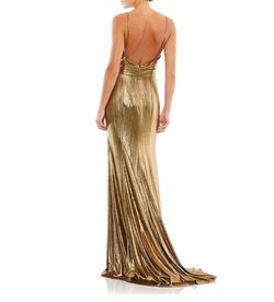 Style 26408 Mac Duggal Gold Size 10 Plunge Spaghetti Strap Black Tie Metallic Side slit Dress on Queenly