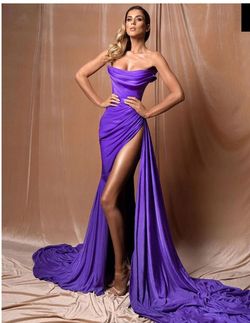 Style AD2080 Albina Dyla Purple Size 0 Medium Height Jersey Side slit Dress on Queenly