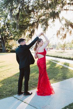 Azure Red Size 6 Plunge Floor Length Prom Free Shipping Mermaid Dress on Queenly