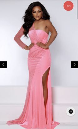 Style 2623 Johnathan Kayne Pink Size 8 Jersey Black Tie One Shoulder Side slit Dress on Queenly