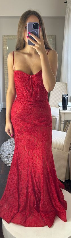Style 07499A Jovani Red Size 6 Plunge Mermaid Dress on Queenly