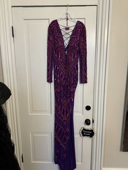 Style 11239 Ashley Lauren Purple Size 4 Black Tie Prom Side slit Dress on Queenly