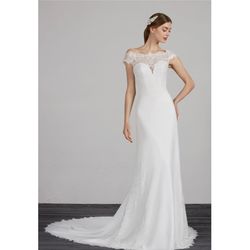 Style Modena Pronovias White Size 12 Plus Size Floral Flare Lace Ivory Train Dress on Queenly