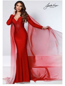 Style 2517 Johnathan Kayne Red Size 4 Cape Long Sleeve Ombre Floor Length A-line Dress on Queenly