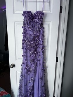 Style A1117 Andrea & Leo Couture Purple Size 4 Strapless Side slit Dress on Queenly