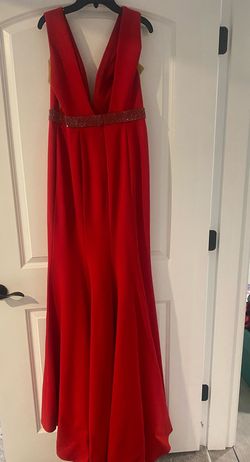 Sherri Hill Red Size 10 Plunge Jersey Train Mermaid Dress on Queenly