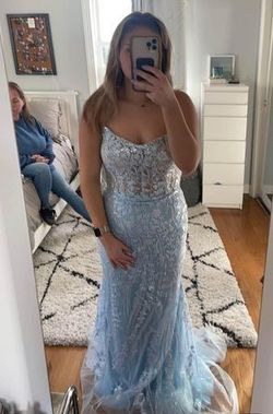 Style #56209 Sherri Hill Light Blue Size 12 Corset Spaghetti Strap Mermaid Dress on Queenly