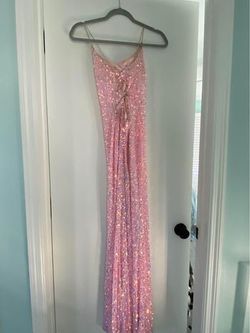 Sparkle and bash Pink Size 12 Plunge Spaghetti Strap Black Tie Side slit Dress on Queenly