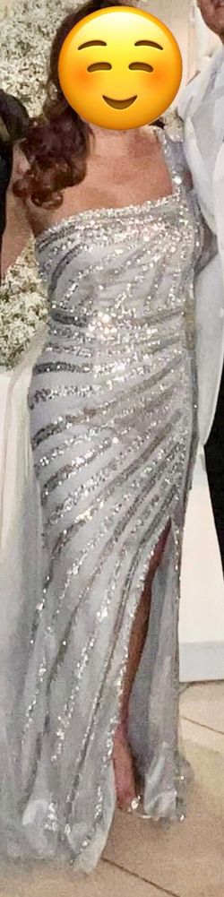 Style 23LG10376 Terani Couture Silver Size 6 Prom Straight 23lg10376 Side slit Dress on Queenly