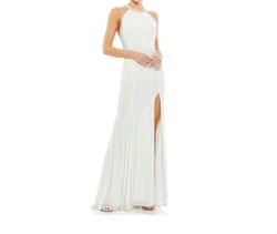 Style 1-2159429284-1901 MAC DUGGAL White Size 6 Free Shipping Floor Length Halter Side slit Dress on Queenly