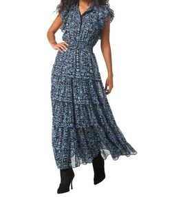 Style 1-3288553849-2696 Misa Los Angeles Blue Size 12 Print Military Tulle High Neck Floor Length Straight Dress on Queenly