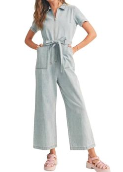 Style 1-3596630069-3471 MIOU MUSE Blue Size 4 Pockets Belt Jumpsuit Dress on Queenly