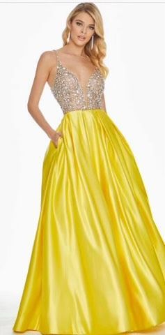 Style 1389 Ashley Lauren Yellow Size 10 Floor Length Plunge Ball gown on Queenly