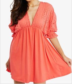 Style 1-1938970976-2791 Ninexis Pink Size 12 Plus Size Sleeves Plunge Prom Cocktail Dress on Queenly