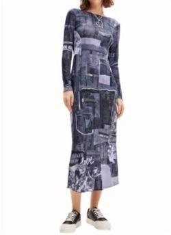 Style 1-2146051498-2901 Desigual Gray Size 8 Long Sleeve Pattern Cocktail Dress on Queenly