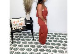 Style 1-3431661381-3011 Lovely Melody Brown Size 8 Tall Height Jersey Jumpsuit Dress on Queenly