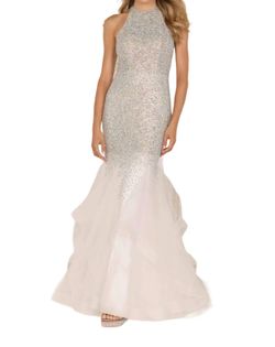 Style 1-829583989-1901 Terani Couture Silver Size 6 Floor Length Halter Mermaid Dress on Queenly