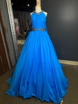 Style 1102 Samantha Blake Blue Size 10 Floor Length Jersey 1102 High Neck Train Dress on Queenly