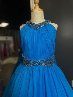 Style 1102 Samantha Blake Blue Size 10 High Neck Jersey Floor Length Train Dress on Queenly