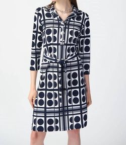 Style 1-1518180364-1901 Joseph Ribkoff Blue Size 6 Print Belt Sleeves Cocktail Dress on Queenly