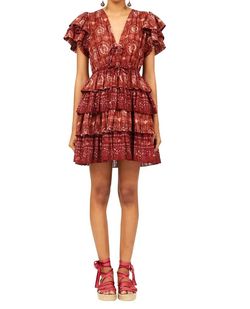 Style 1-4032653309-1901 Ulla Johnson Red Size 6 Sleeves Sorority Rush V Neck Sorority Ruffles Cocktail Dress on Queenly