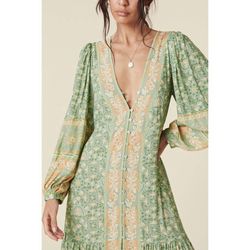 Style 1-4162274181-3236 SPELL Green Size 4 Belt Long Sleeve Side slit Dress on Queenly