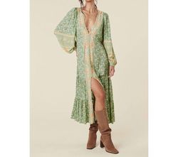 Style 1-4162274181-3855 SPELL Green Size 0 Floor Length Belt Long Sleeve Side slit Dress on Queenly