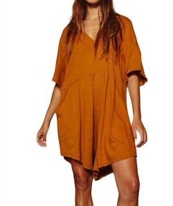 Style 1-894883729-2791 BUCKETLIST Brown Size 12 Sleeves V Neck Jersey Mini Jumpsuit Dress on Queenly