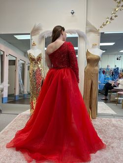 Ava Presley Red Size 10 Floor Length Jersey One Shoulder Side Slit Train Dress on Queenly