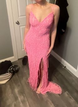 Style 54344 Sherri Hill Pink Size 0 Jersey Plunge Floor Length Train Dress on Queenly