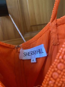 Style Unknown Sherri Hill Orange Size 16 Train Black Tie Straight Dress on Queenly