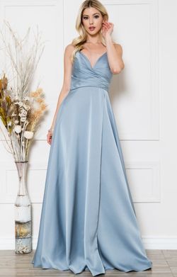Style JOLENE Amelia Couture Blue Size 8 Floor Length Belt Side Slit Sweetheart A-line Dress on Queenly