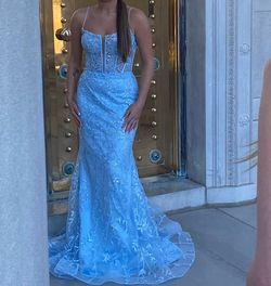 Sherri Hill Blue Size 4 Short Height Plunge Jersey Mermaid Dress on Queenly