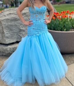 Style 55488 Sherri Hill Blue Size 4 Train Jersey Prom Mermaid Dress on Queenly