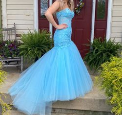 Style 55488 Sherri Hill Blue Size 4 Jersey Strapless Short Height Train Floor Length Mermaid Dress on Queenly
